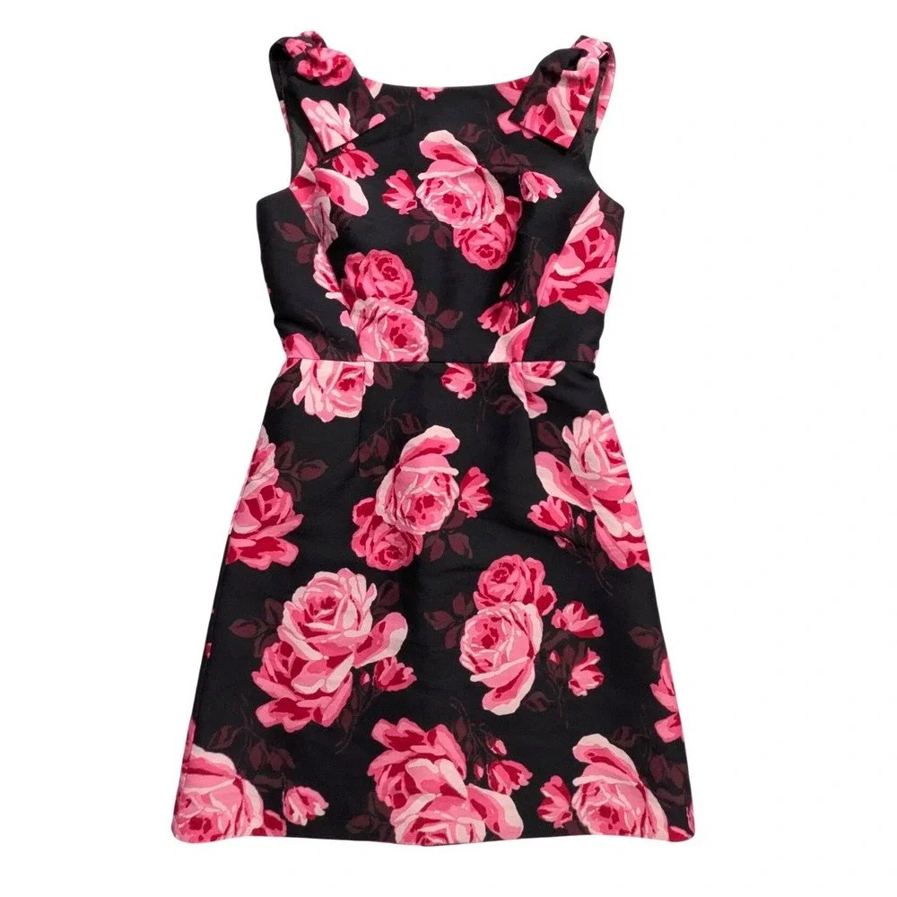 Kate Spade New York Rosa A-Line Rose Print Bow Shoulder Dress Black Pink Size 2‎